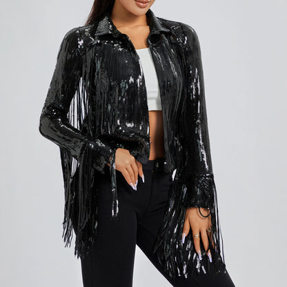 Sequin Fringe Jacket Women Sparkly Disco Outwear Long Sleeve Open Front