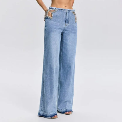 Y2K Rhinestone Hollow Out Wide Leg Jeans for Women