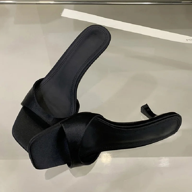 Women's Silk Open Toe Slide Sandals – Elegant Low Heel Dress Slippers