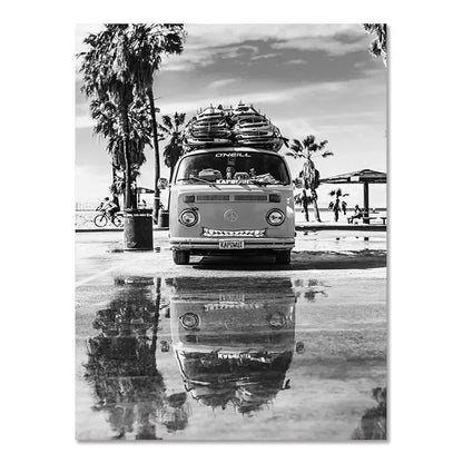 Beach Surf Wall Art Poster – Camper Van & Ocean Landscape