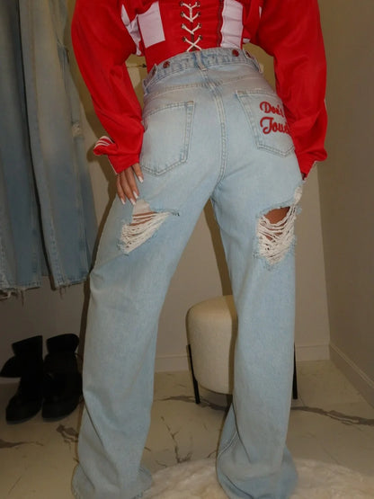Y2K Embroidered Jeans – Floral Koi Streetwear Denim