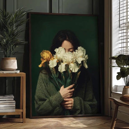 Woman with White Irises Emerald Green Portrait Wall Art Print