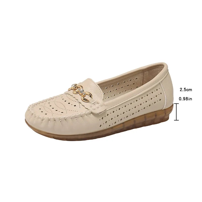 Women's Breathable Leather Loafers – Slip-On Moccasin Flats with Gold Chain