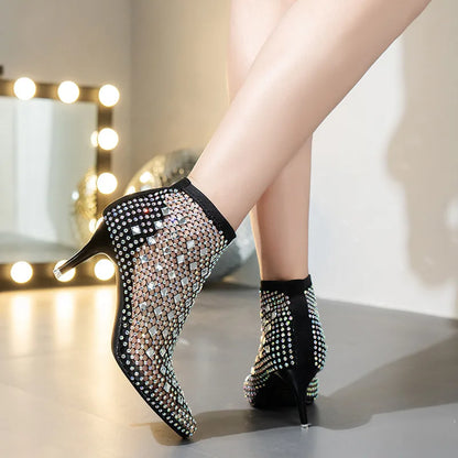 Women's Rhinestone Mesh Ankle Boots – Pointed Toe Stiletto Heel