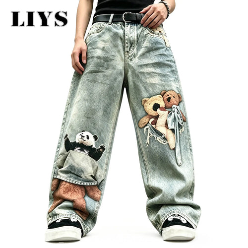 Panda & Teddy Bear Print Wide Leg Jeans – LIYS Streetwear