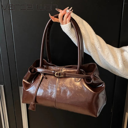 Leather Hobo Shoulder Bag – Retro Oil PU Large Tote for Women