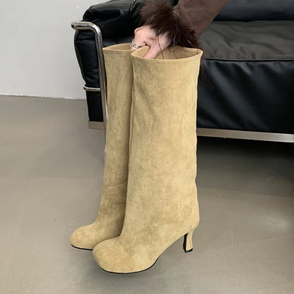 Eilyken Women Knee-High Stiletto Boots – Round Toe Suede