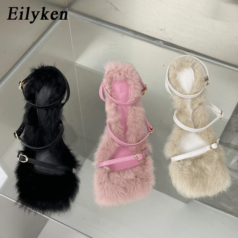 Fuzzy Fur Heeled Sandals for Women – Buckle Strap Square Toe