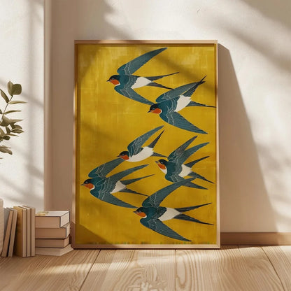 Japanese Swallow Birds Wall Art Poster – Yellow & Teal Canvas Print