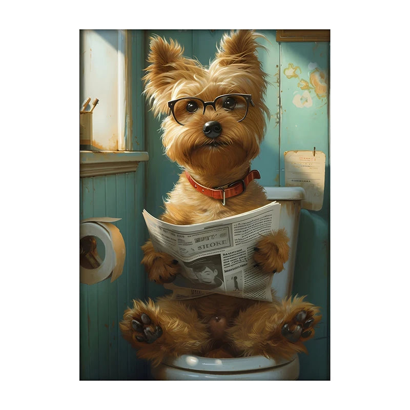 Funny Dog Bathroom Poster – Dog Reading Newspaper on Toilet Wall Art