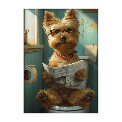 Funny Dog Bathroom Poster – Dog Reading Newspaper on Toilet Wall Art