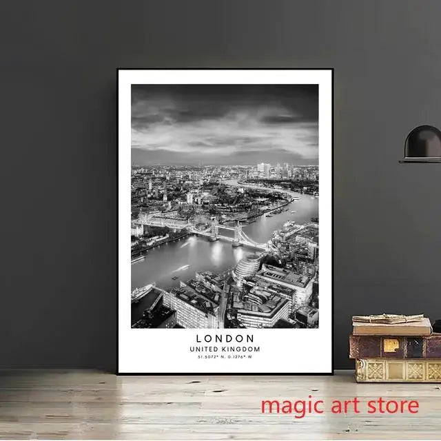 City Travel Poster – Black & White Landmark Wall Art Print for Home Decor