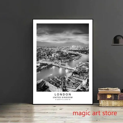 City Travel Poster – Black & White Landmark Wall Art Print for Home Decor