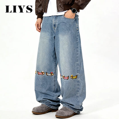 Dachshund Embroidery Baggy Wide-Leg Jeans – Men's Y2K Korean Style