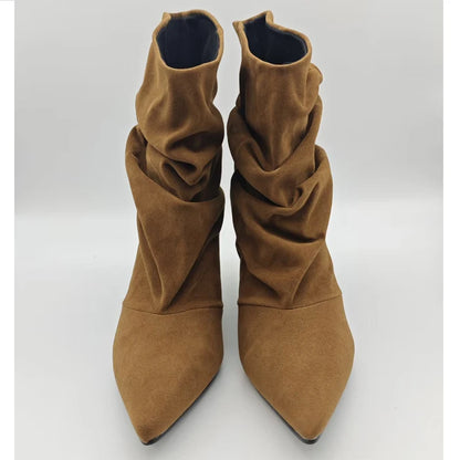 Pleated Suede Ankle Boots Women Pointed Toe Kitten Heel