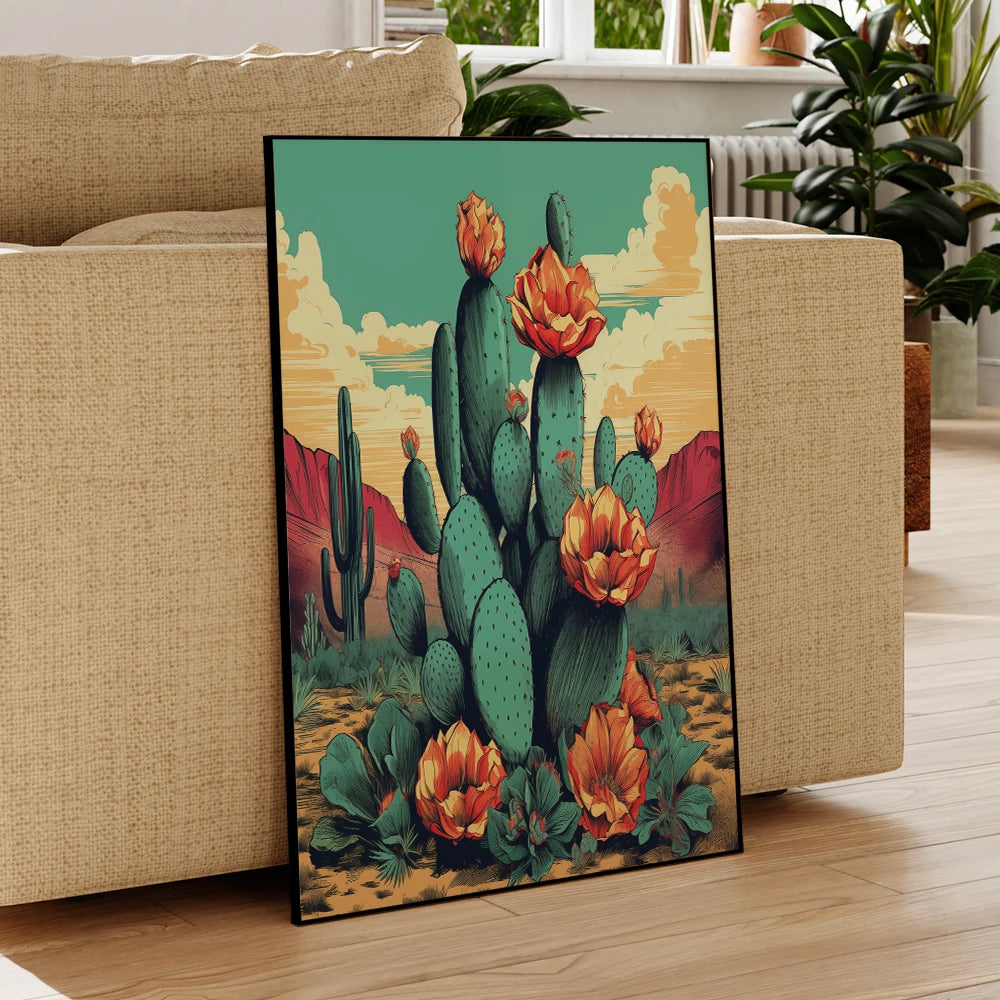 Desert Cactus Sunset Wall Art Canvas Poster – Flowering Southwest Print