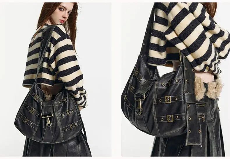 Vintage Rivet Black Handbag Women Y2k Grunge Leather