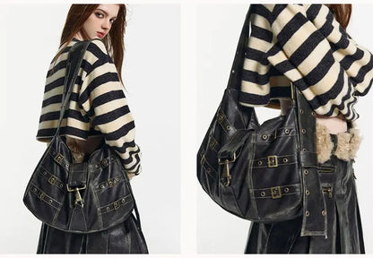Vintage Rivet Black Handbag Women Y2k Grunge Leather