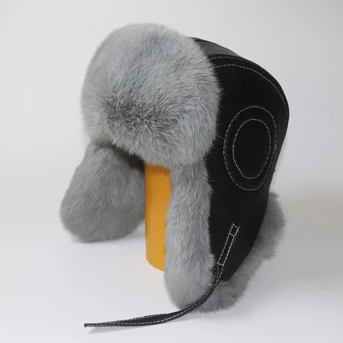 Winter Ushanka Trapper Hat with Rabbit Fur & Leather Earflaps