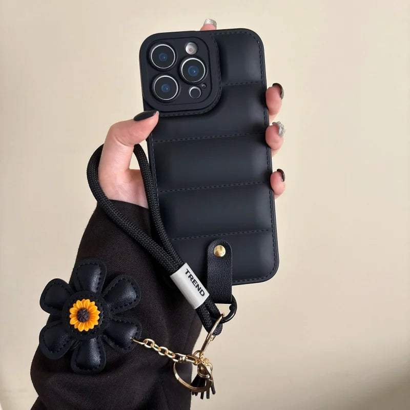 Quilted Puffer iPhone Case with Flower Wrist Strap – Candy Colors