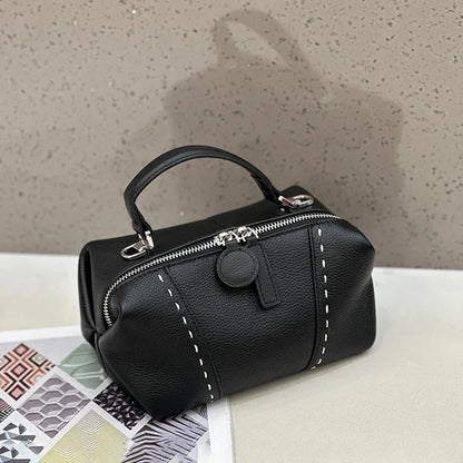 Genuine Cowhide Leather Mini Boston Bag for Women Luxury Designer Pebbled Leather