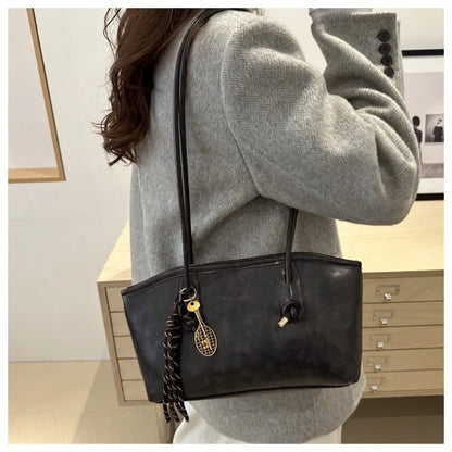 PU Leather Shoulder Bag Y2K Tote with Charm Detail