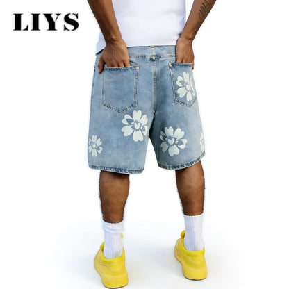 Flower Print Wide Leg Jeans – Men's Y2K Casual Bermuda