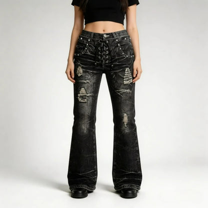 Y2K Gothic Washed Flare Jeans – Lace-Up Double Waist Unisex