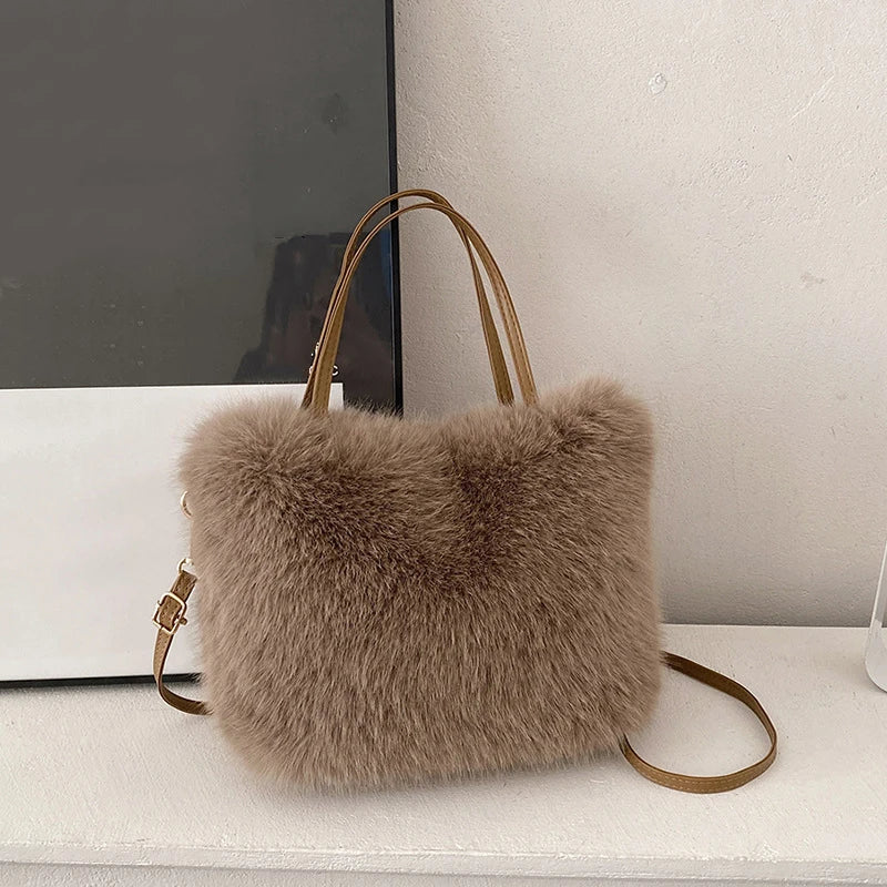 Faux Fur Tote Bag Women's Bucket Plush Luxury Design Ladies Handbags
