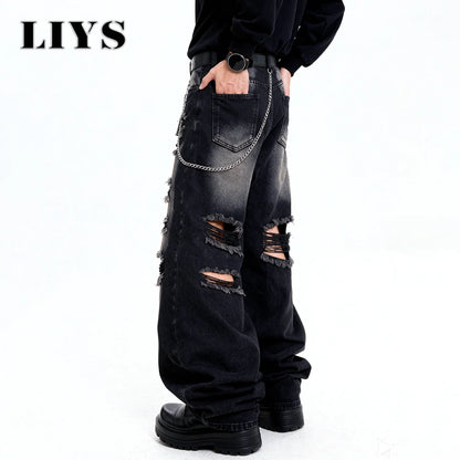 Baggy Ripped Jeans Unisex Gothic Wide Leg Distressed Denim Pants Streetwear