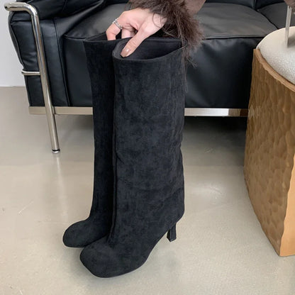 Eilyken Women Knee-High Stiletto Boots – Round Toe Suede