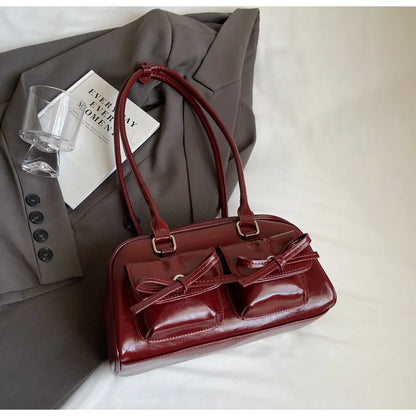 Solid Sewing Thread Fashion Glossy PU Shoulder Bags