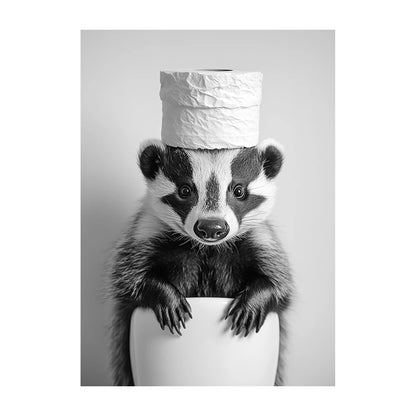 Funny Bathroom Wall Art Poster – Black & White Animal Toilet Paper Print