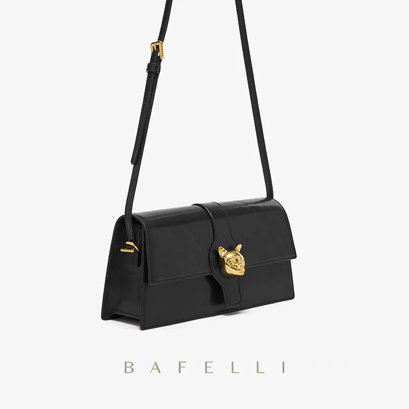 Leather Flap Shoulder Bag – Retro Cat Clasp Crossbody