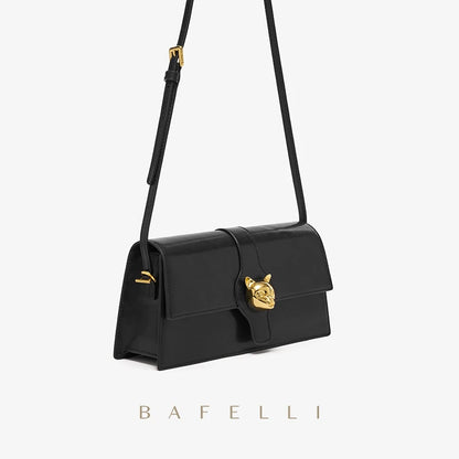 Leather Flap Shoulder Bag – Retro Cat Clasp Crossbody