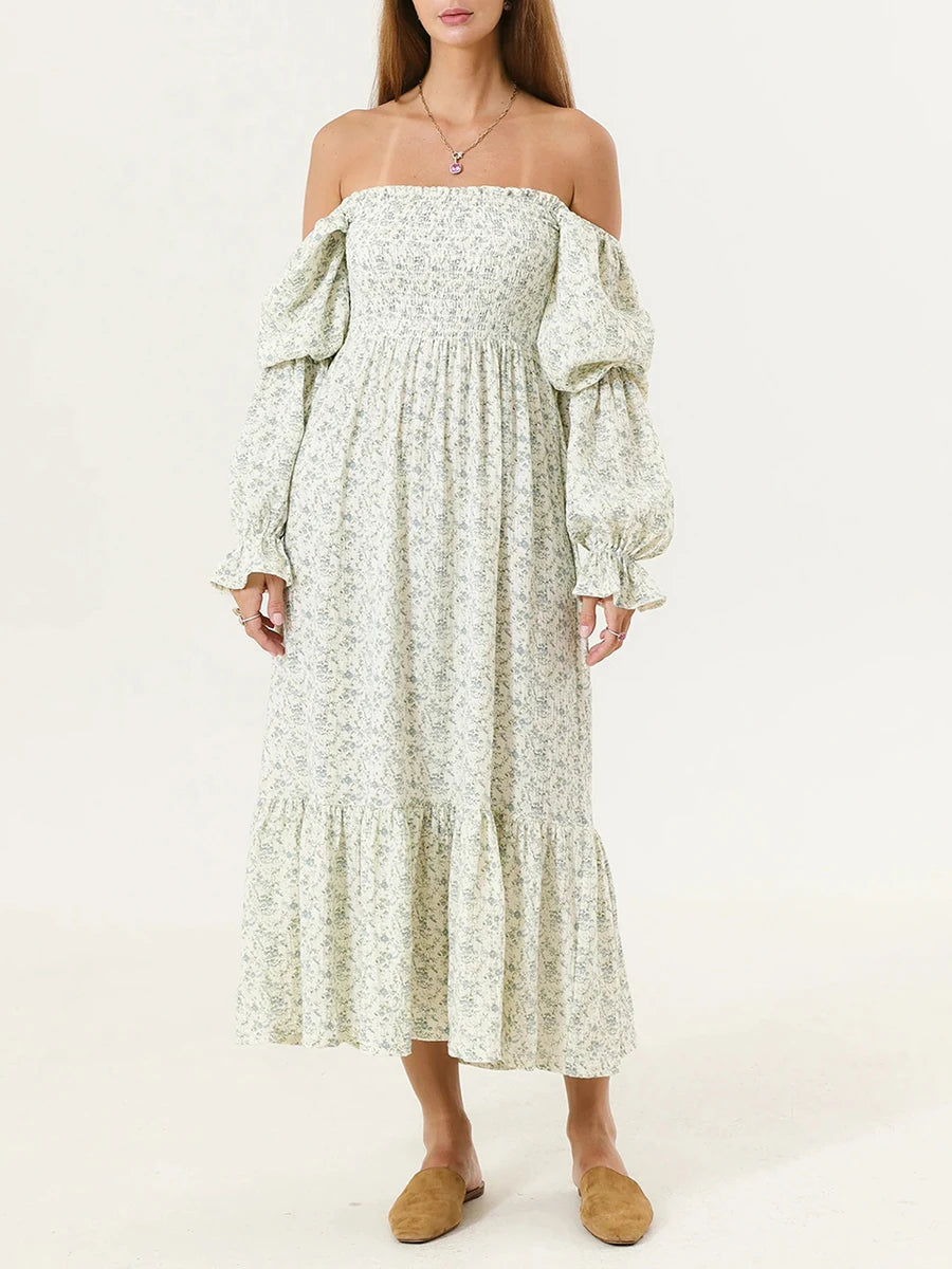 Puff Sleeve Smocked Midi Dress – Square Neck Flowy Casual Dress