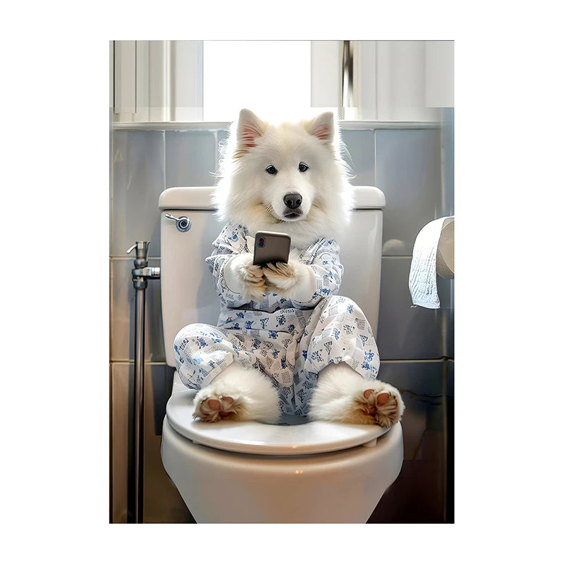 Funny Dog Bathroom Poster – Dog Reading Newspaper on Toilet Wall Art