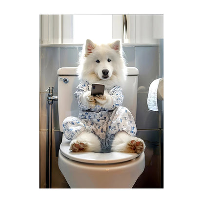 Funny Dog Bathroom Poster – Dog Reading Newspaper on Toilet Wall Art