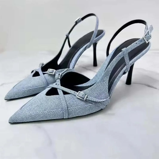 Women's Pointed Toe Slingback Pumps with Buckle Strap Stiletto Heels