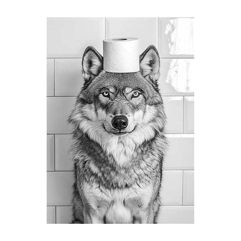 Funny Bathroom Wall Art Poster – Black & White Animal Toilet Paper Print