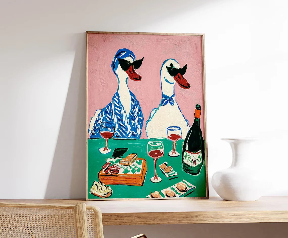Duck Wine Party Art Print – Quirky Animal Poster for Kitchen & Dining Room