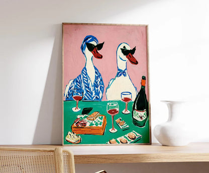 Duck Wine Party Art Print – Quirky Animal Poster for Kitchen & Dining Room