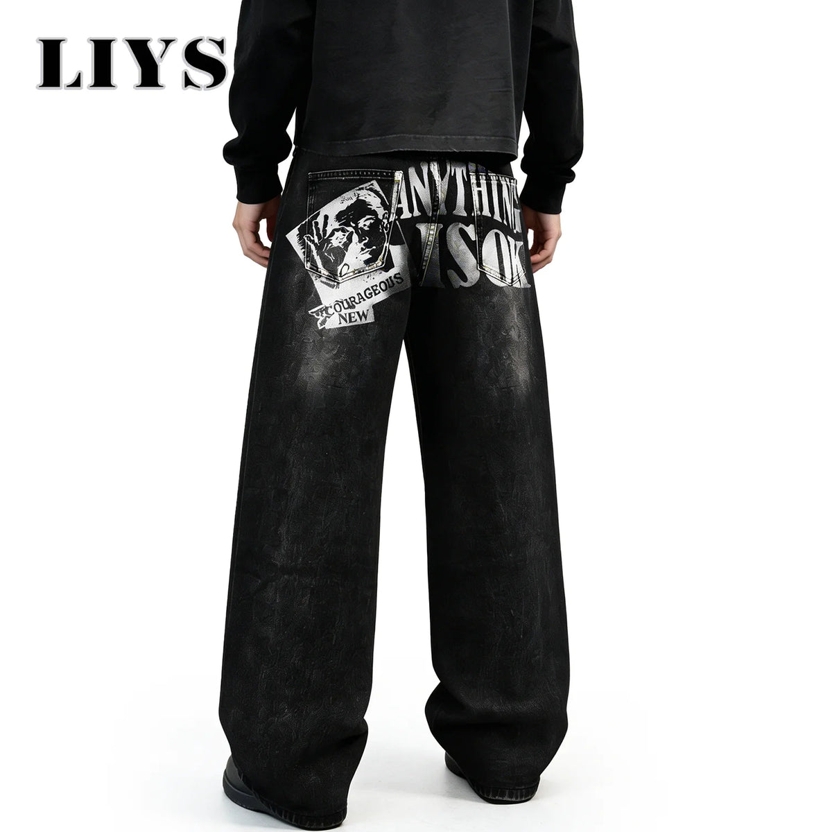 LIYS Graffiti Print Baggy Wide Leg Jeans – Black Washed Unisex Streetwear