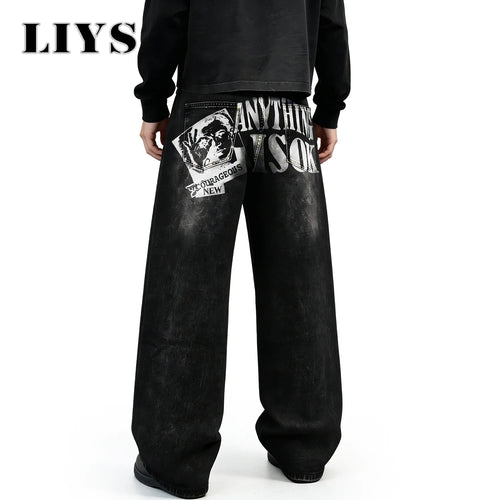 LIYS Graffiti Print Baggy Wide Leg Jeans – Black Washed Unisex Streetwear