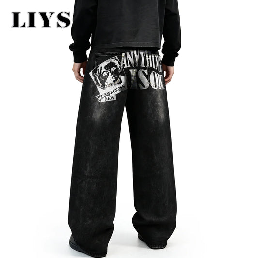 LIYS Graffiti Print Baggy Wide Leg Jeans – Black Washed Unisex Streetwear