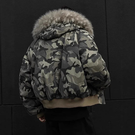 Camouflage Men's Winter Puffer Jacket – Fur Collar Hooded Cotton Coat