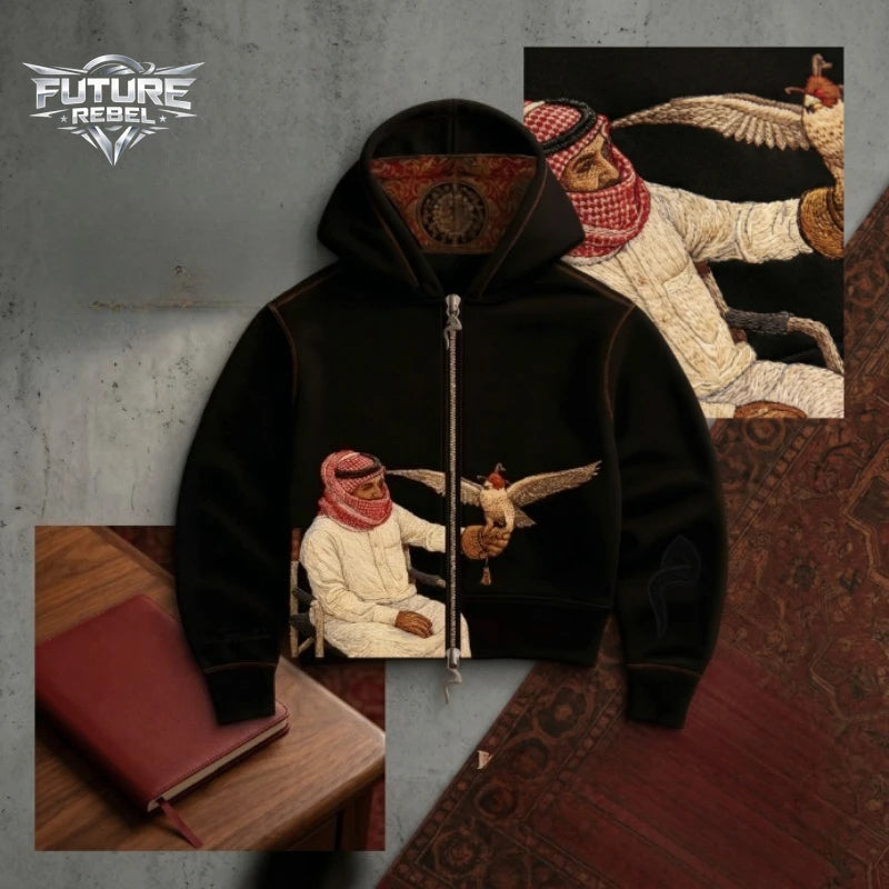 Falcon Print Zip-Up Hoodie – Y2K Unisex Streetwear Sweatshirt