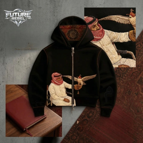 Falcon Print Zip-Up Hoodie – Y2K Unisex Streetwear Sweatshirt