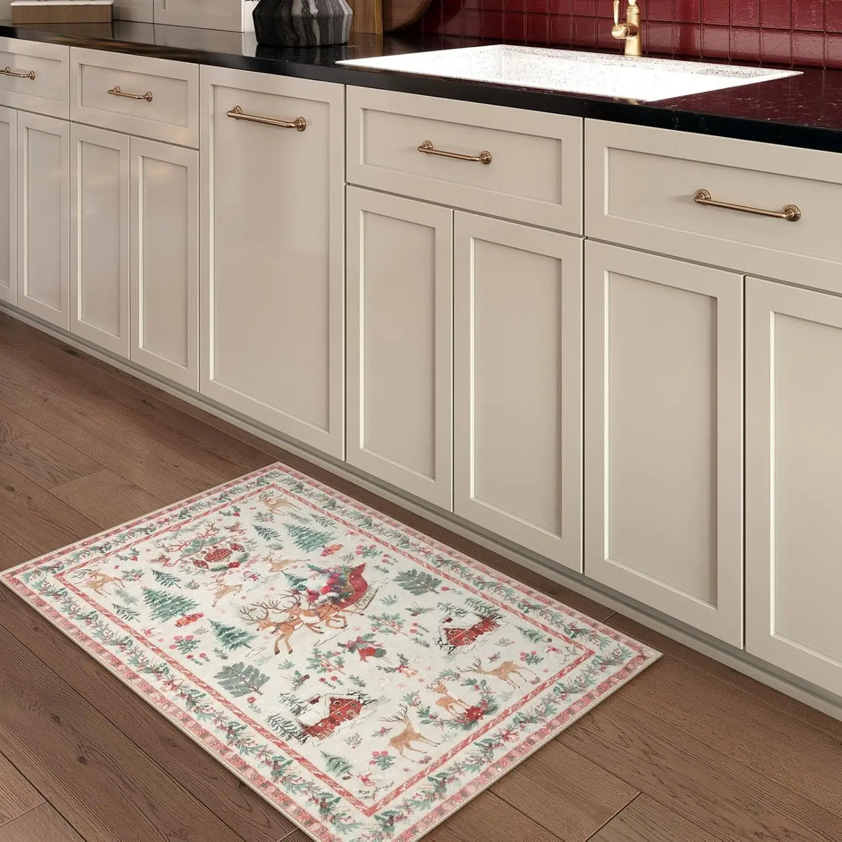 Christmas Non-Slip Area Rug – Vintage Holiday Floor Mat