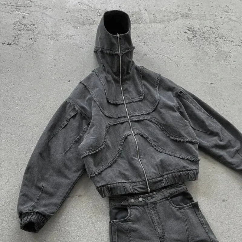 Mens Hoodie Harajuku American Street Streetwear Washed Distressed Zip Up Hooded Sweatshirt Loose Fit